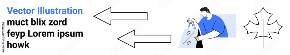 Man holding shopping bag, two arrows pointing right and left, maple leaf icon. Ideal for online shopping, e-commerce, delivery services, customer feedback, logistics, process flow and seasonal Man holding shopping bag, two arrows pointing right and left, maple leaf icon. Ideal for online shopping, e-commerce, delivery services, customer feedback, logistics, process flow and seasonal