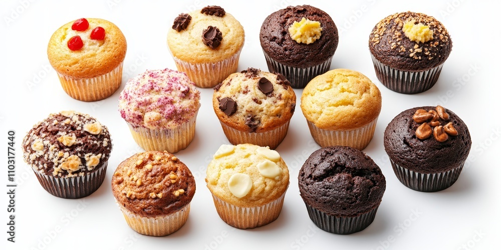 Assortment of delicious muffins with various toppings, isolated on white background. Assortment of delicious muffins with various toppings, isolated on white background.