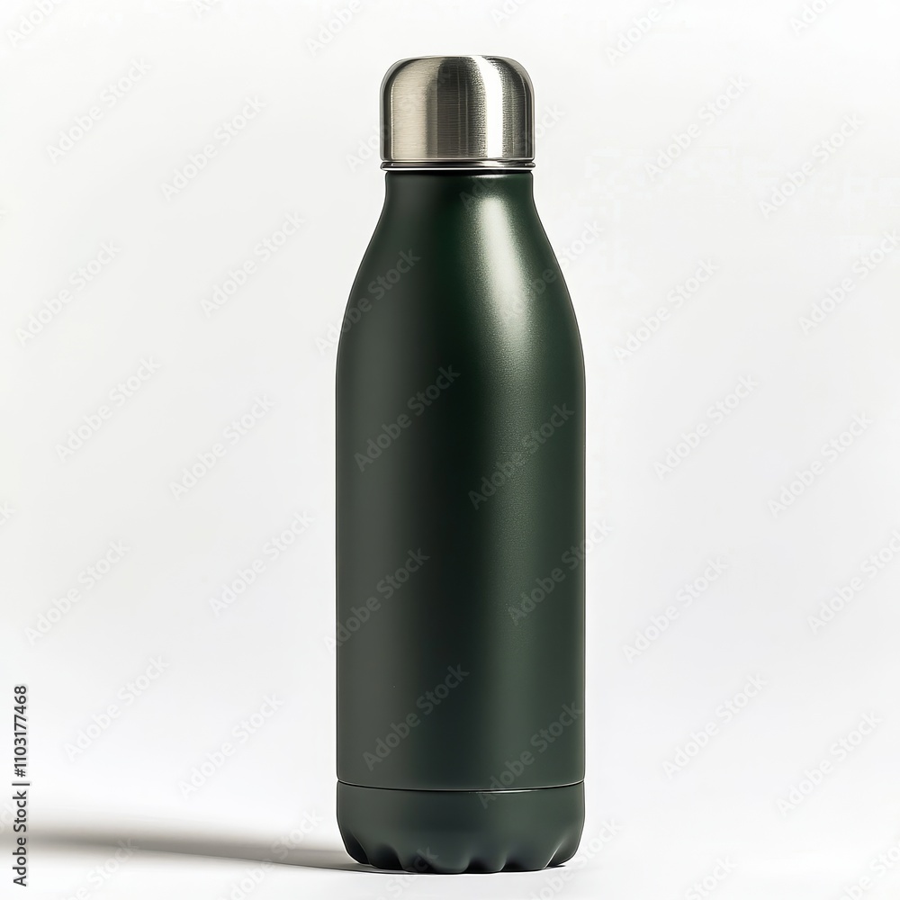 Green stainless steel water bottle with silver lid on a white background. Green stainless steel water bottle with silver lid on a white background.