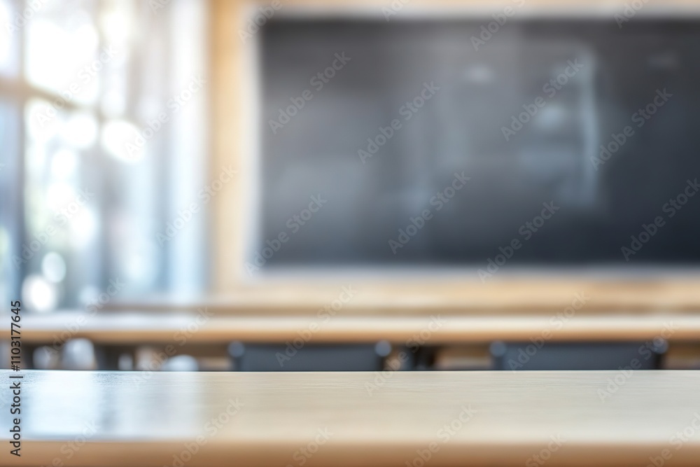 Empty classroom with desks and chalkboard, focus on foreground Empty classroom with desks and chalkboard, focus on foreground