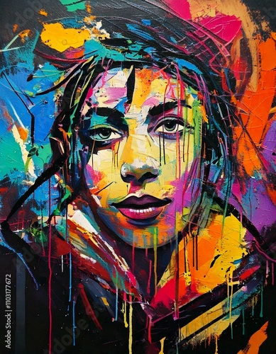 Artistic graffiti style art work with vivid colors and shapes