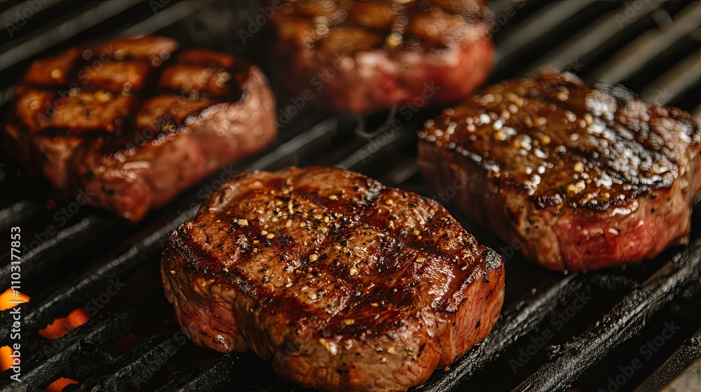 Close-up of Juicy Grilled Steaks on a Hot Grill Close-up of Juicy Grilled Steaks on a Hot Grill