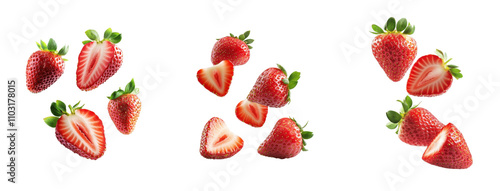 Set of strawberries slice and floating in the air isolated on white background
