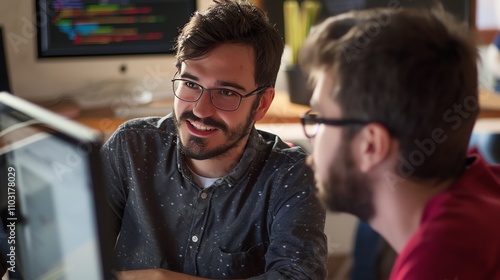 Two men, both wearing glasses, sit in front of a computer. The man on the left is smiling and looking towards the man on the right.