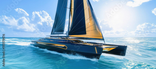 Luxury trimaran sailing yacht navigating ocean waters on sunny day