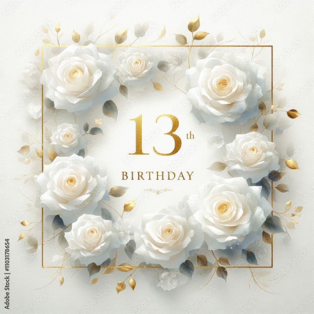 Elegant white roses frame a golden '13th Birthday' greeting in a soft pastel setting. Elegant white roses frame a golden '13th Birthday' greeting in a soft pastel setting.