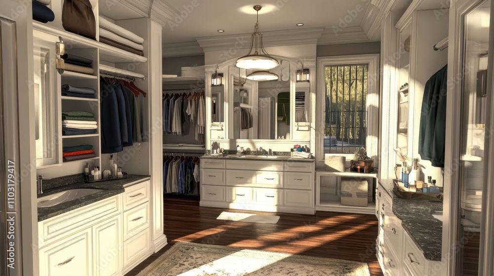 Naklejka premium Elegant and Spacious Modern Walk-In Closet with Natural Light