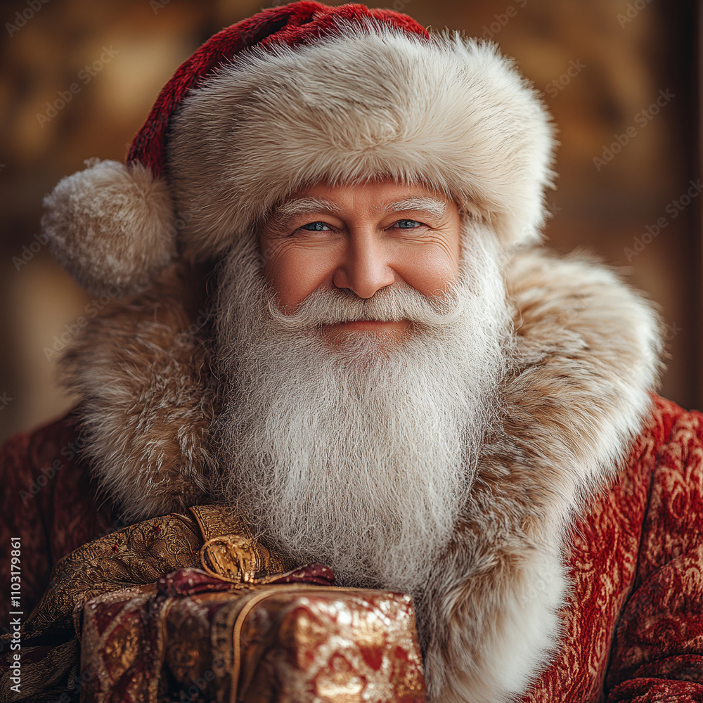 A traditional Santa Claus (Ded Moroz) in a red fur coat with a long white beard, holding a gift bag
