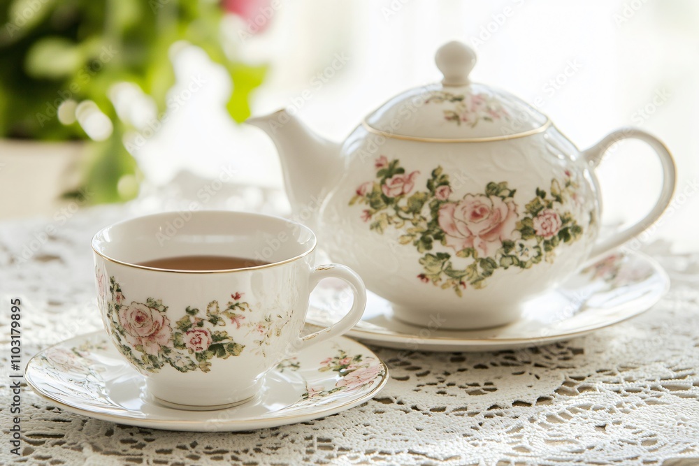 Elegant porcelain tea set with a delicate floral design, placed on a beautiful lace tablecloth, creating a refined and inviting atmosphere Elegant porcelain tea set with a delicate floral design, placed on a beautiful lace tablecloth, creating a refined and inviting atmosphere