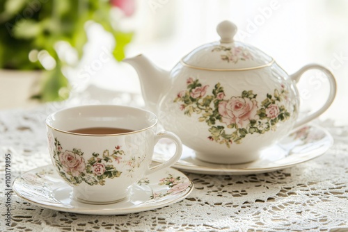 Elegant porcelain tea set with a delicate floral design, placed on a beautiful lace tablecloth, creating a refined and inviting atmosphere