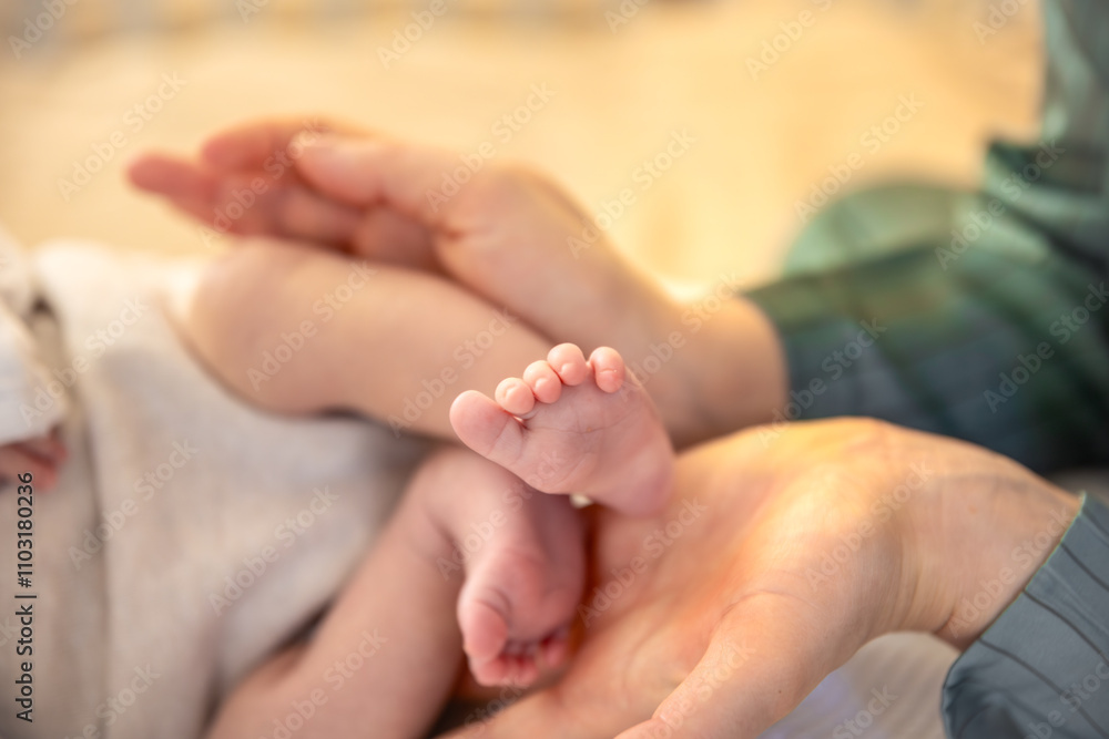 Parent holding in the hands feet of newborn baby. Mom holding baby feet. Parent holding in the hands feet of newborn baby. Mom holding baby feet.
