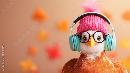 quirky Thanksgiving turkey wearing trendy sunglasses and headphones, set against a warm brown blurred background. Perfect for humorous seasonal designs, greeting cards, or social media posts. photo