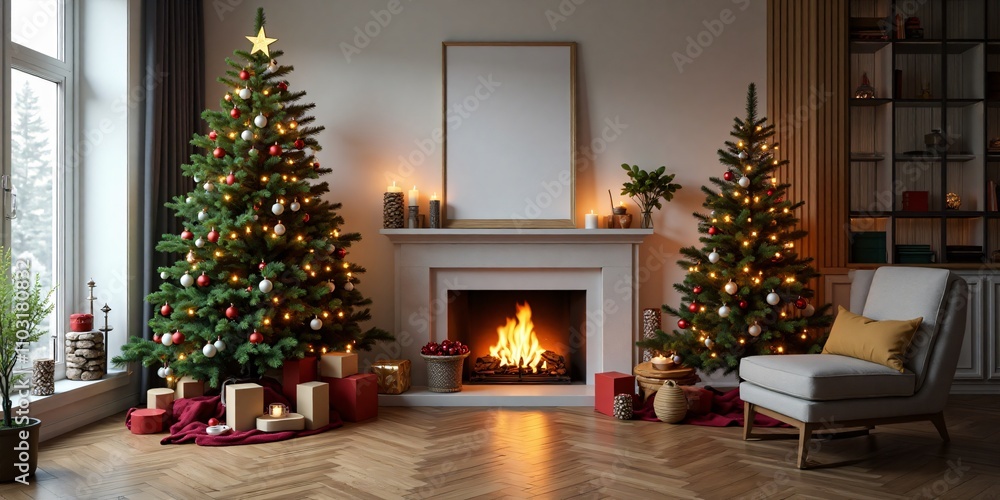Holiday Postcard Mock-Up: Merry Christmas and Happy New Year, Capturing the Essence of a Modern Holiday Room with a Christmas Tree, Fireplace, and Comfortable Armchair, Ideal for a Holiday Postcard Mock-Up: Merry Christmas and Happy New Year, Capturing the Essence of a Modern Holiday Room with a Christmas Tree, Fireplace, and Comfortable Armchair, Ideal for a