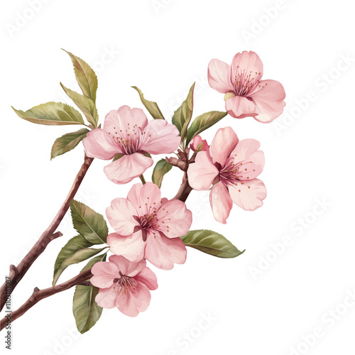 Branch of sakura with flowers and leaves on white background. Cherry blossom spring design. Vector illustration