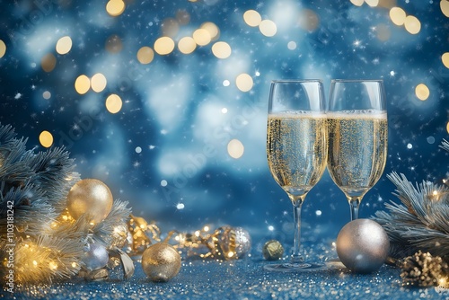 New year and Christmas champagne coast celebration blue and golden glittering on abstract background and  defocused Bokeh Lights with large blank space for text illustration.