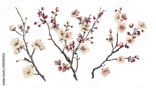 Collection of сherry blossom flowers and branches in vector watercolor style