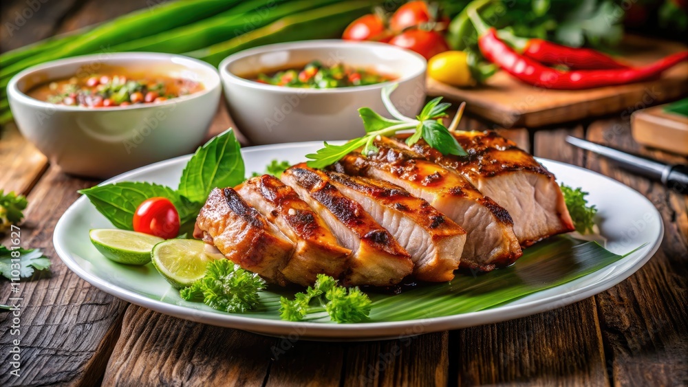 Delicious Grilled Pork Slice on a White Plate in Authentic Thai Restaurant Setting, Featuring Aromatic Herbs and Vibrant Presentation Delicious Grilled Pork Slice on a White Plate in Authentic Thai Restaurant Setting, Featuring Aromatic Herbs and Vibrant Presentation