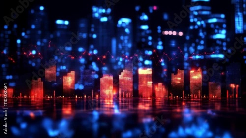 Graphs, Night view of a glowing futuristic city with radiant orange and blue neon lights reflecting on water photo