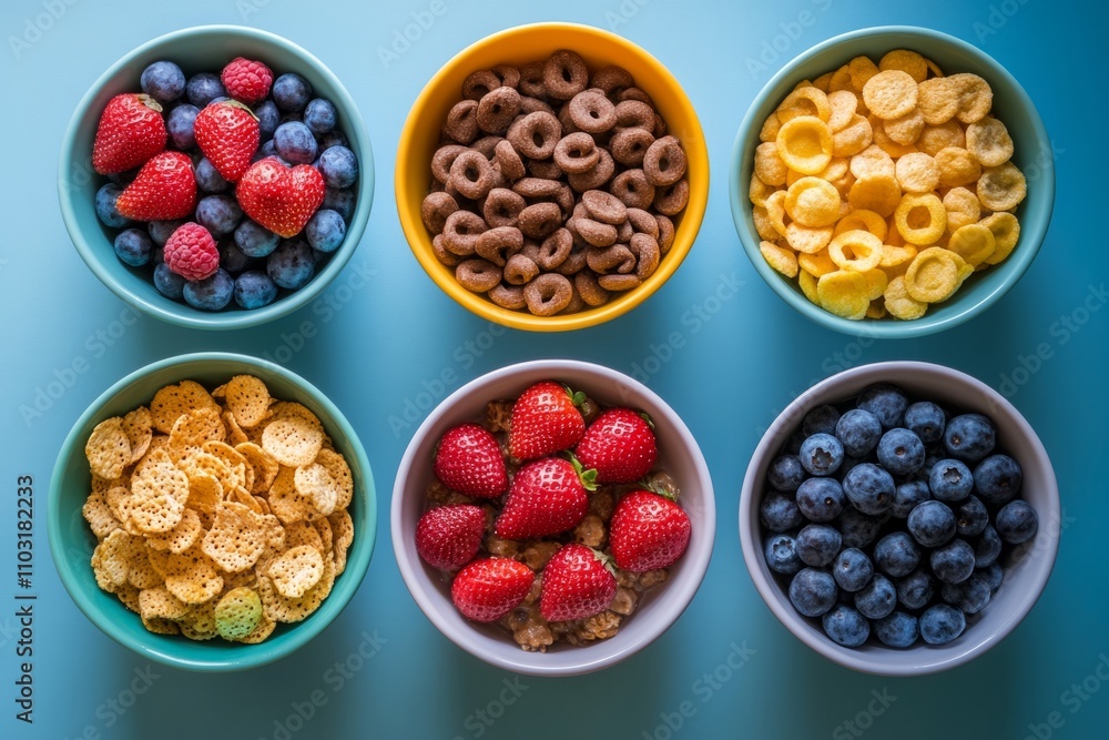 Colorful bowls of fresh berries and cereals on a blue background. Perfect for breakfast ideas. Healthy eating style for families and individuals. Generative AI Colorful bowls of fresh berries and cereals on a blue background. Perfect for breakfast ideas. Healthy eating style for families and individuals. Generative AI