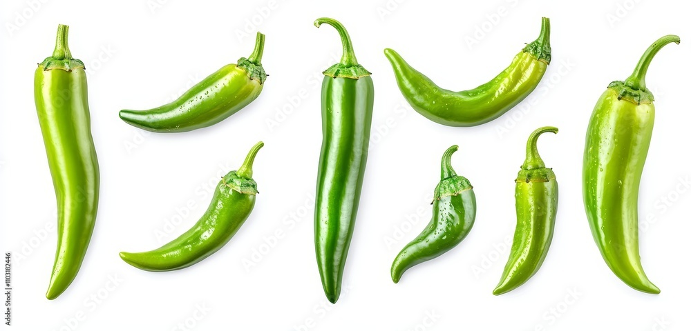 Eight green chili peppers isolated on a white background. Eight green chili peppers isolated on a white background.