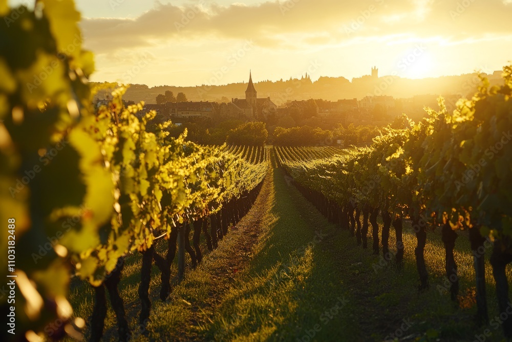 Fototapeta premium Golden sunlight shines over a beautiful vineyard landscape. The vines stretch far and wide, inviting visitors for a serene wine-tasting experience. Generative AI
