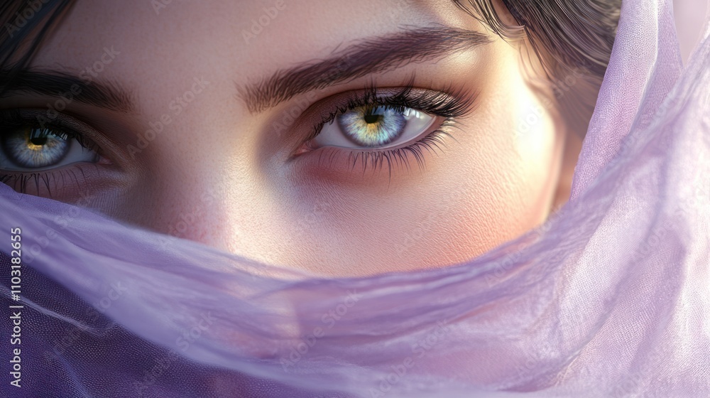 Mysterious Gaze: A Woman's Eyes Partially Hidden Behind a Lavender Veil Mysterious Gaze: A Woman's Eyes Partially Hidden Behind a Lavender Veil