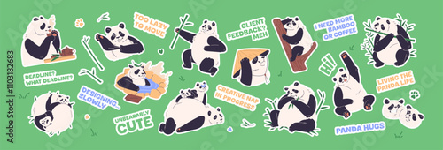 Set of cute pandas with comic phrases. Sticker pack of funny Chinese bears. Happy Asian animals eating bamboo, sleep, relax in pond, drink tea, lying and hug. Flat isolated vector illustrations