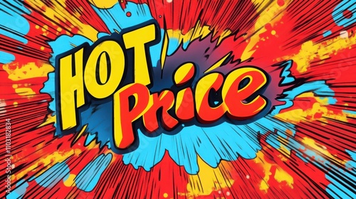 "Hot Price" in bold comic book style, with dynamic lines and vibrant colors