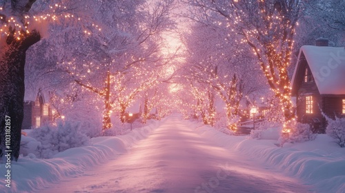 Magical winter road with cottages and thick snow under pink sky