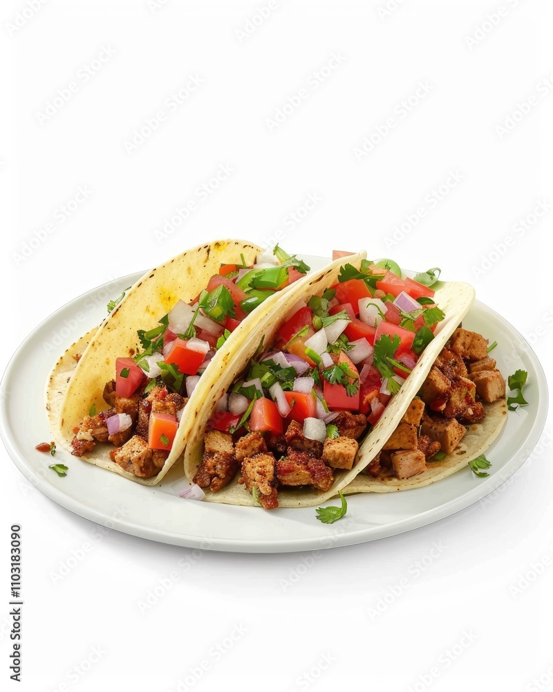 Chicken tacos loaded with fresh toppings, served on a white plate, showcasing the vibrant colors and textures. Chicken tacos loaded with fresh toppings, served on a white plate, showcasing the vibrant colors and textures.