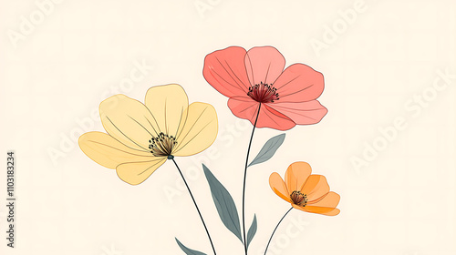 Wallpaper Mural Minimalist cartoon flowers drawn with thin lines and subtle colors in a minimalist layout  Torontodigital.ca