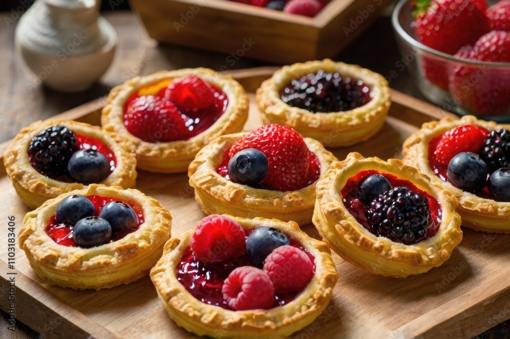 A variety of tasty small berry galettes arranged on a wooden platter A variety of tasty small berry galettes arranged on a wooden platter