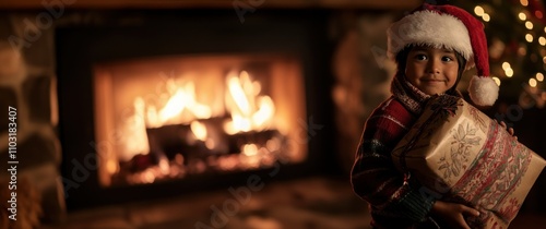 Smiling child in a Santa hat holding a wrapped gift in front of a glowing Christmas tree, creating a warm holiday atmosphere