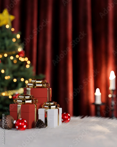 Christmas gift boxes placed on a carpet in a room at night with red curtains and a Christmas tree.