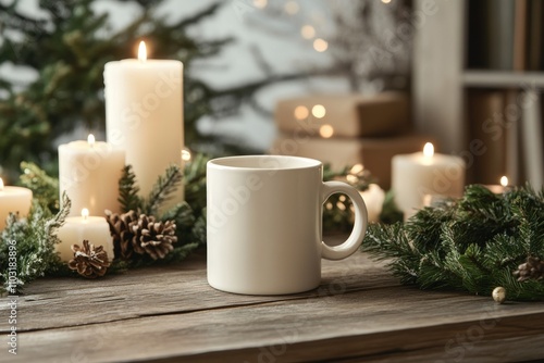 White mug with burning candles, pine branches, and holiday decor on a wooden table. Christmas mockup.