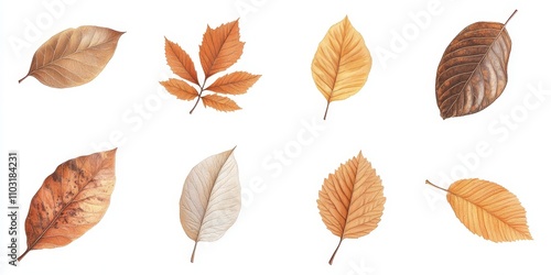 Collection of eight autumn leaves in various shades of brown.