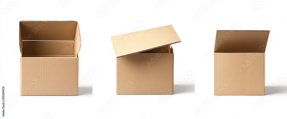 Three cardboard boxes in various states of open, closed, and half-open.