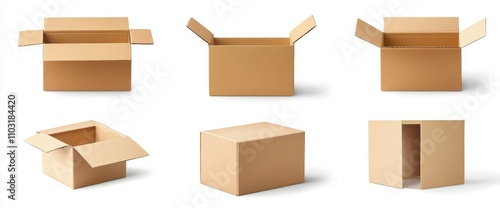 Six brown cardboard boxes in various configurations isolated on white background.