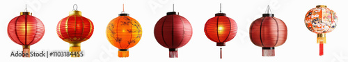 A collection of traditional red and orange Chinese lanterns in various designs and patterns, each illuminated and hung against a plain white background.