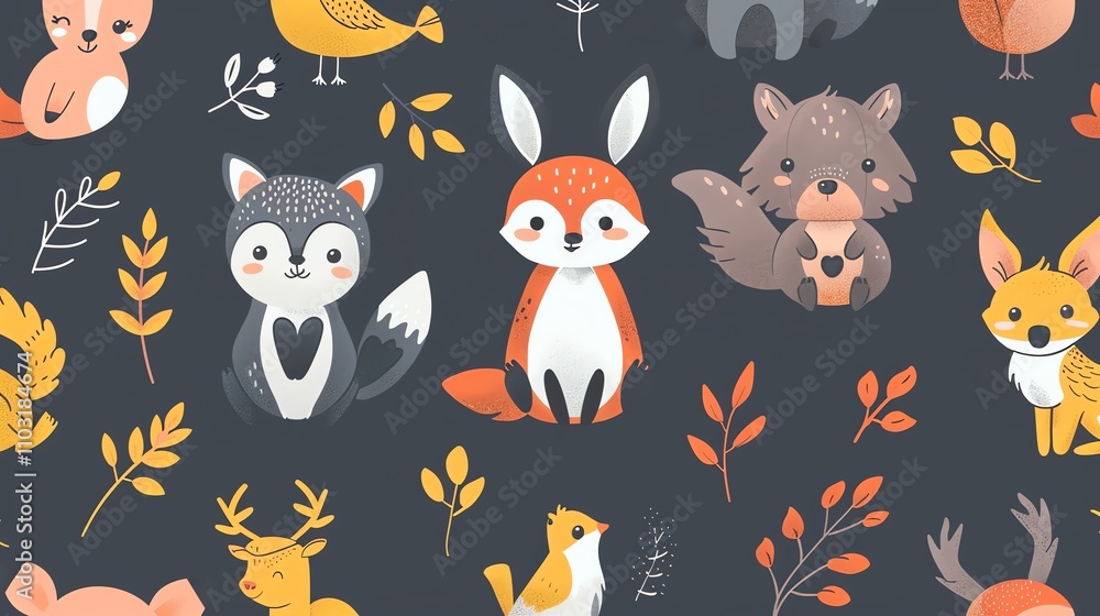 Fototapeta premium A seamless pattern of cute woodland animals on a dark blue background.