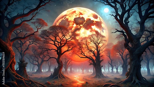 Abstract landscape artwork features a glowing red moon behind a shadowy forest