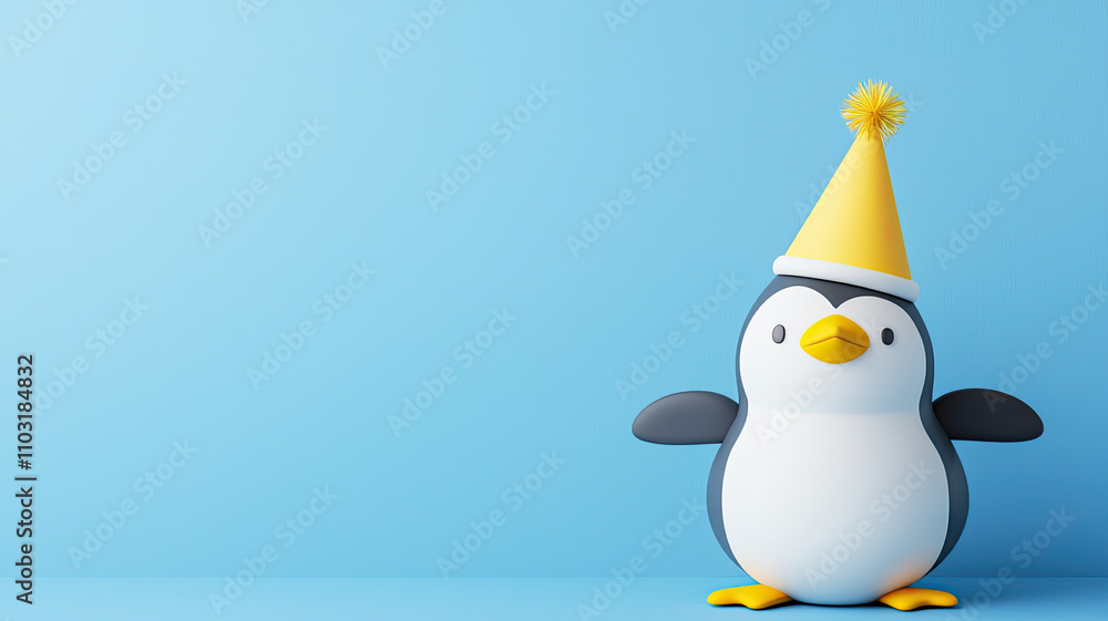 Obraz premium Penguin wearing festive party hat on blue background