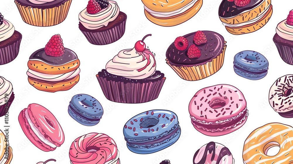 A seamless pattern of cupcakes, donuts, and macarons on a white background. A seamless pattern of cupcakes, donuts, and macarons on a white background.