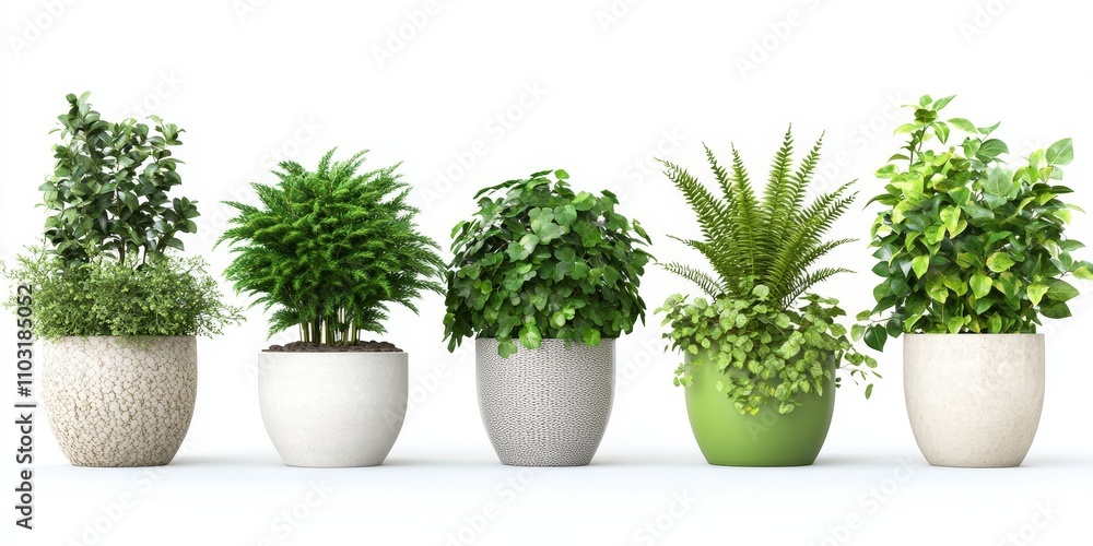 Five potted plants with green leaves and various textures, isolated on white background. Five potted plants with green leaves and various textures, isolated on white background.