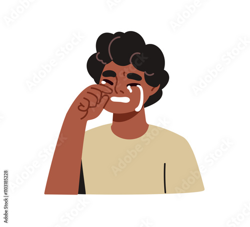 Crying weeping kid. Sad tearful child wiping tears with hand. Depressed frustrated desperate boy sobbing in despair, sorrow, misery, grief. Flat vector illustration isolated on white background