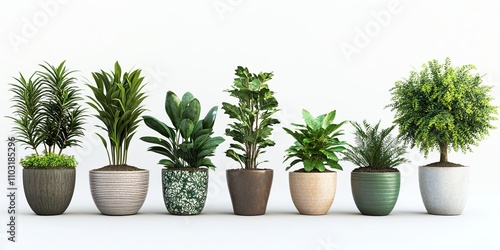 Seven potted plants with various leaf types and patterned pots on a white background.