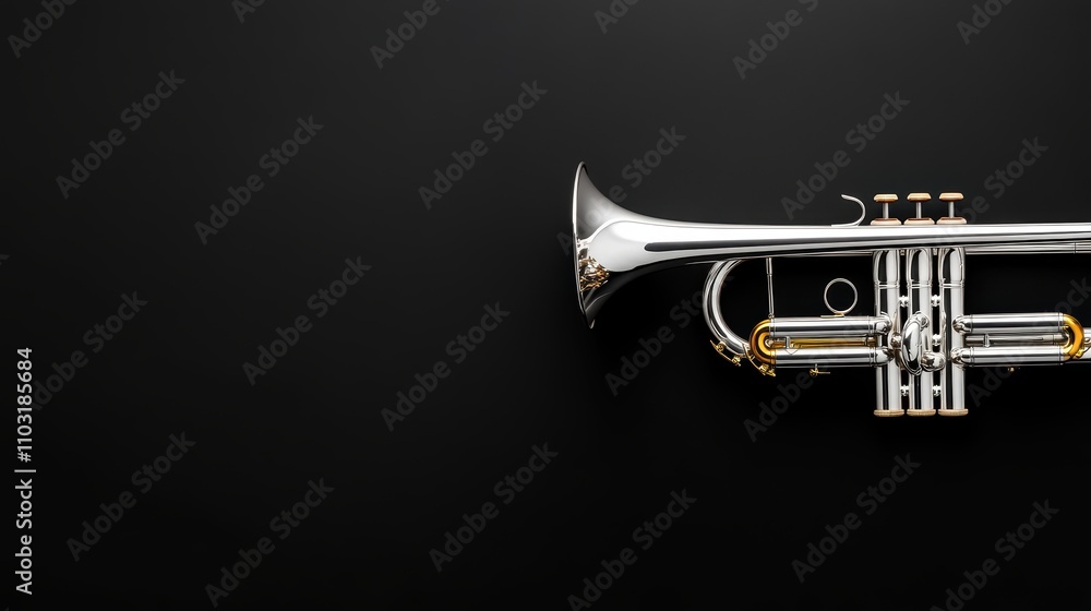 a silver trumpet with gold accents Over black Studio Background. a silver trumpet with gold accents Over black Studio Background.
