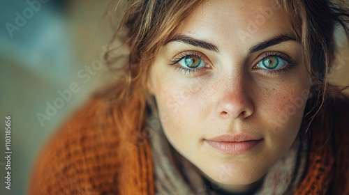 Artistic portrait of a woman with expressive eyes, serene expression, soft lighting, stock photos