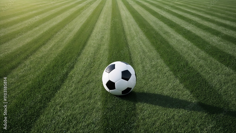 Fototapeta premium Soccer ball on striped grass field under sunlight