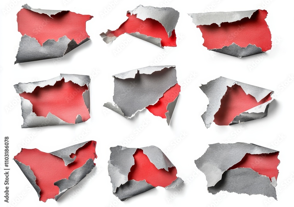 Nine pieces of ripped red and grey paper on a white background. Nine pieces of ripped red and grey paper on a white background.